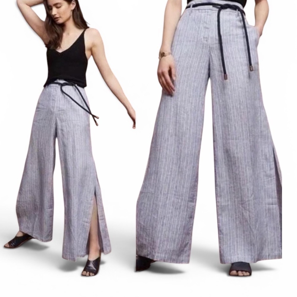 elevenses Wide-Leg Striped Split-Hem Pants in Light Gray
